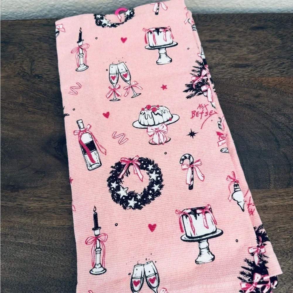 Betsey Johnson Pink Holiday Champagne Celebration Kitchen Dish Towels Set